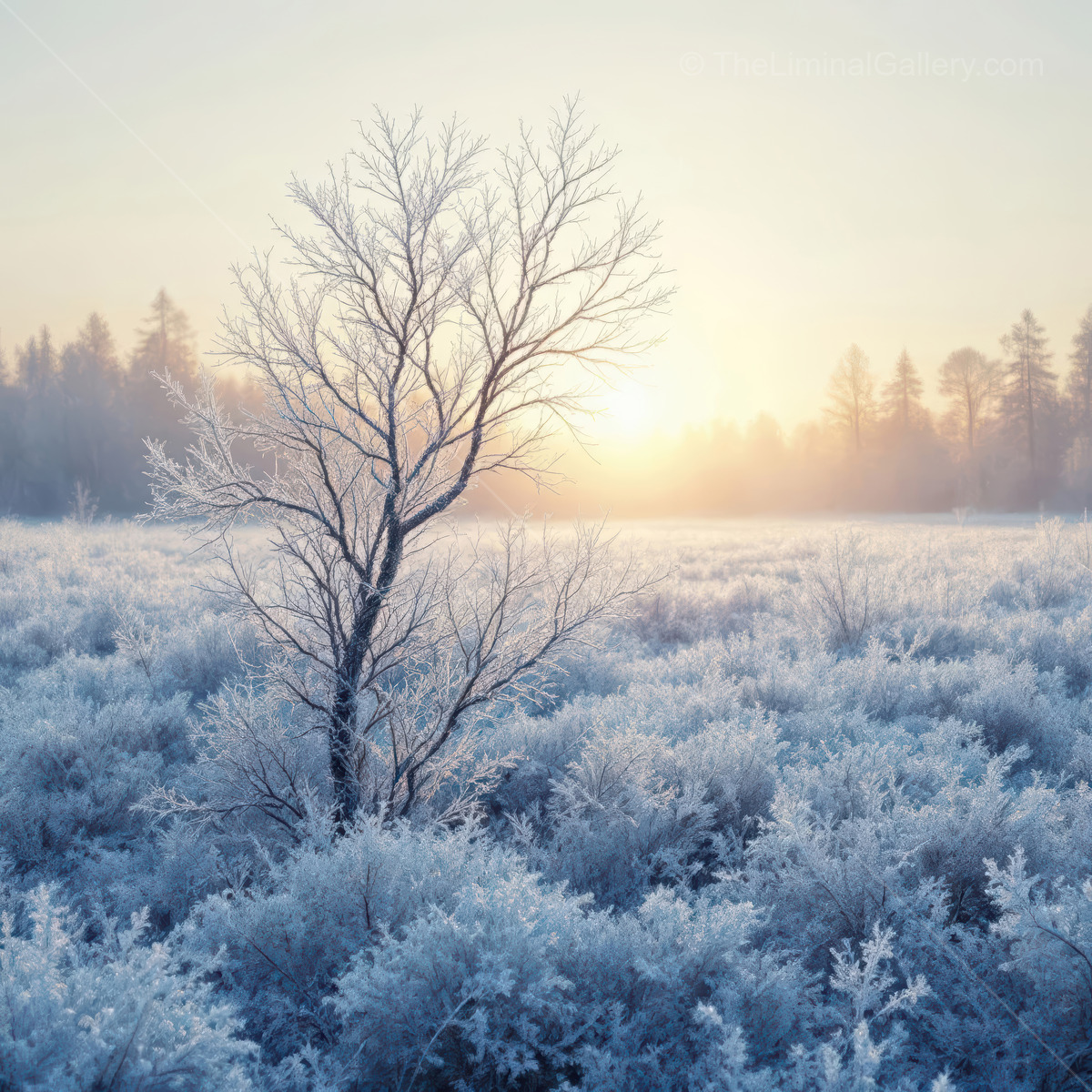 Liminal winter dawn blankets frosted fields in shimmering ice; gentle sun pours soft light across the tranquil landscape, creating a scene of hushed magic