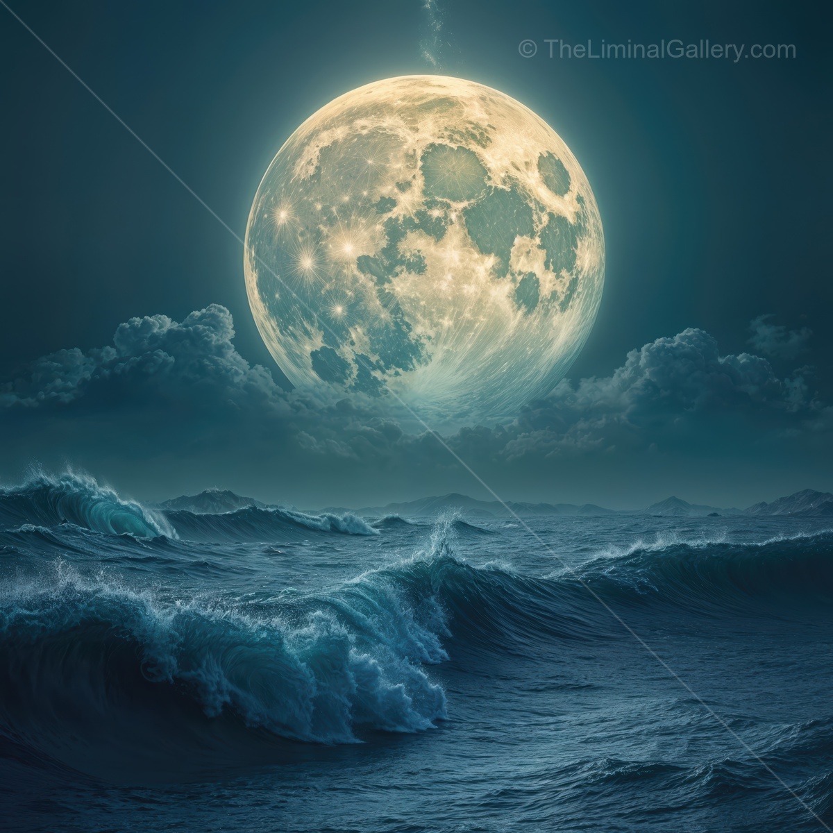 Moonlit waves dance under a luminous sky filled with soft clouds and a glowing full moon reflecting on the restless ocean waters