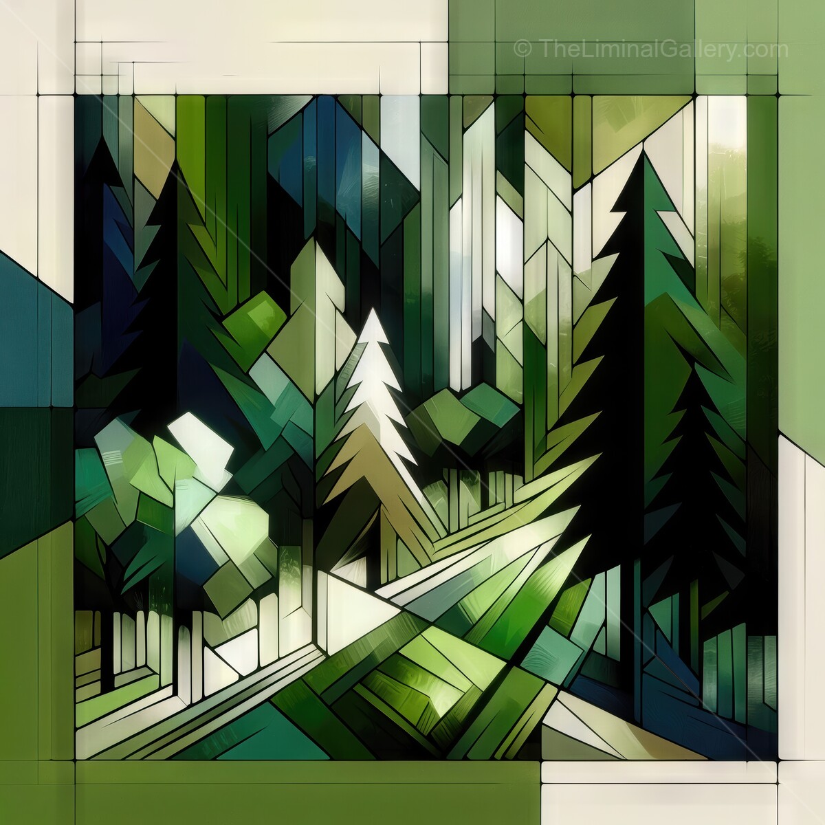 Vibrant forest landscape featuring geometric shapes and vivid greenery in dynamic composition