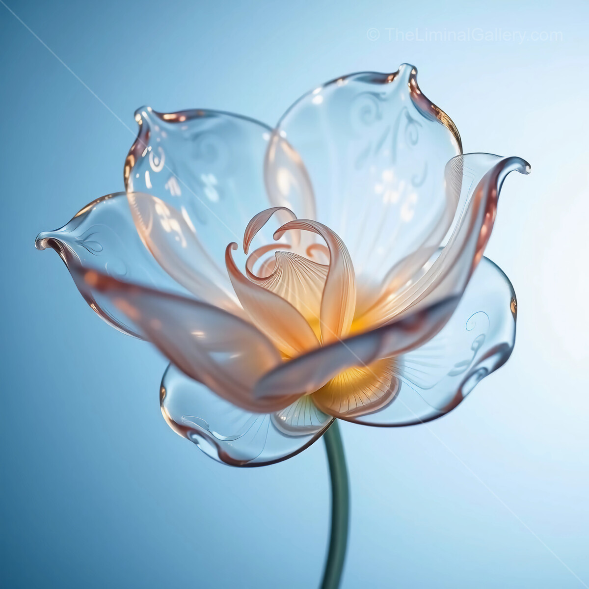 Delicate glass flower radiating light in a serene blue atmosphere