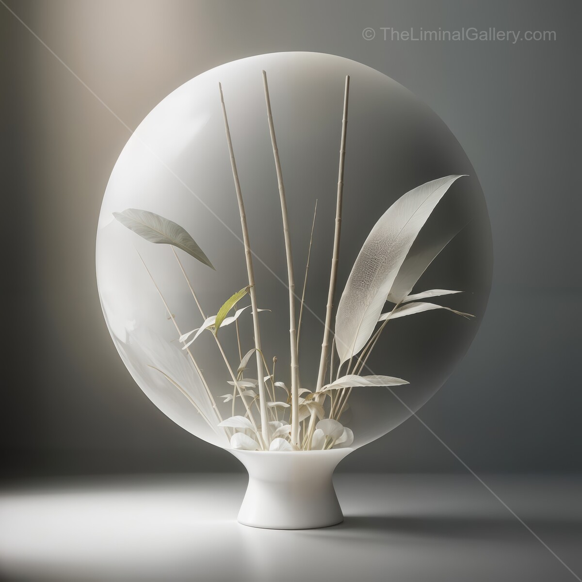 Elegant glass terrarium with delicate bamboo and leaves illuminated by soft light