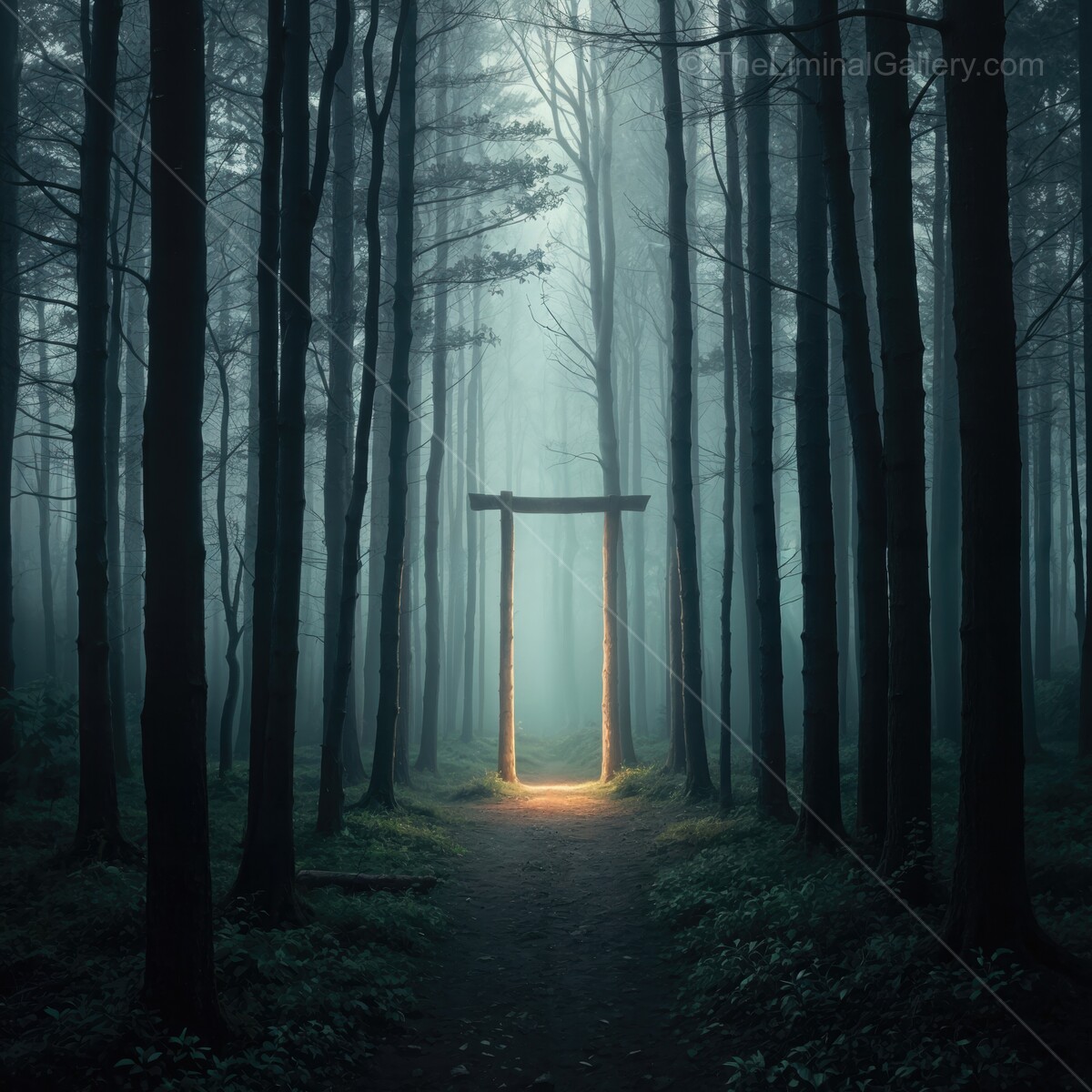 Mysterious glowing entrance beckons through fog-shrouded forest at dawn