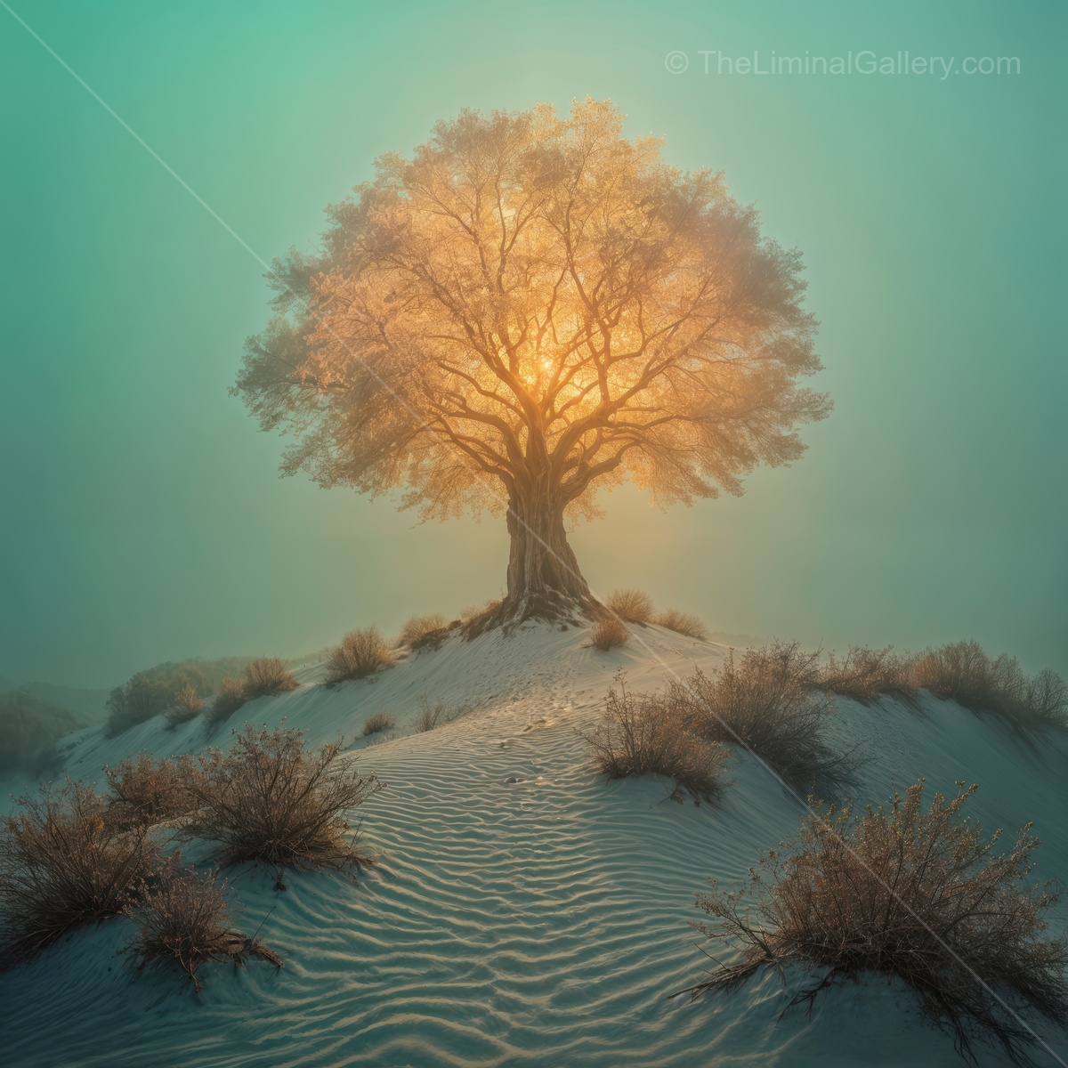 Luminous tree emerges from twilight sand dunes, revealing an ethereal landscape at dawn