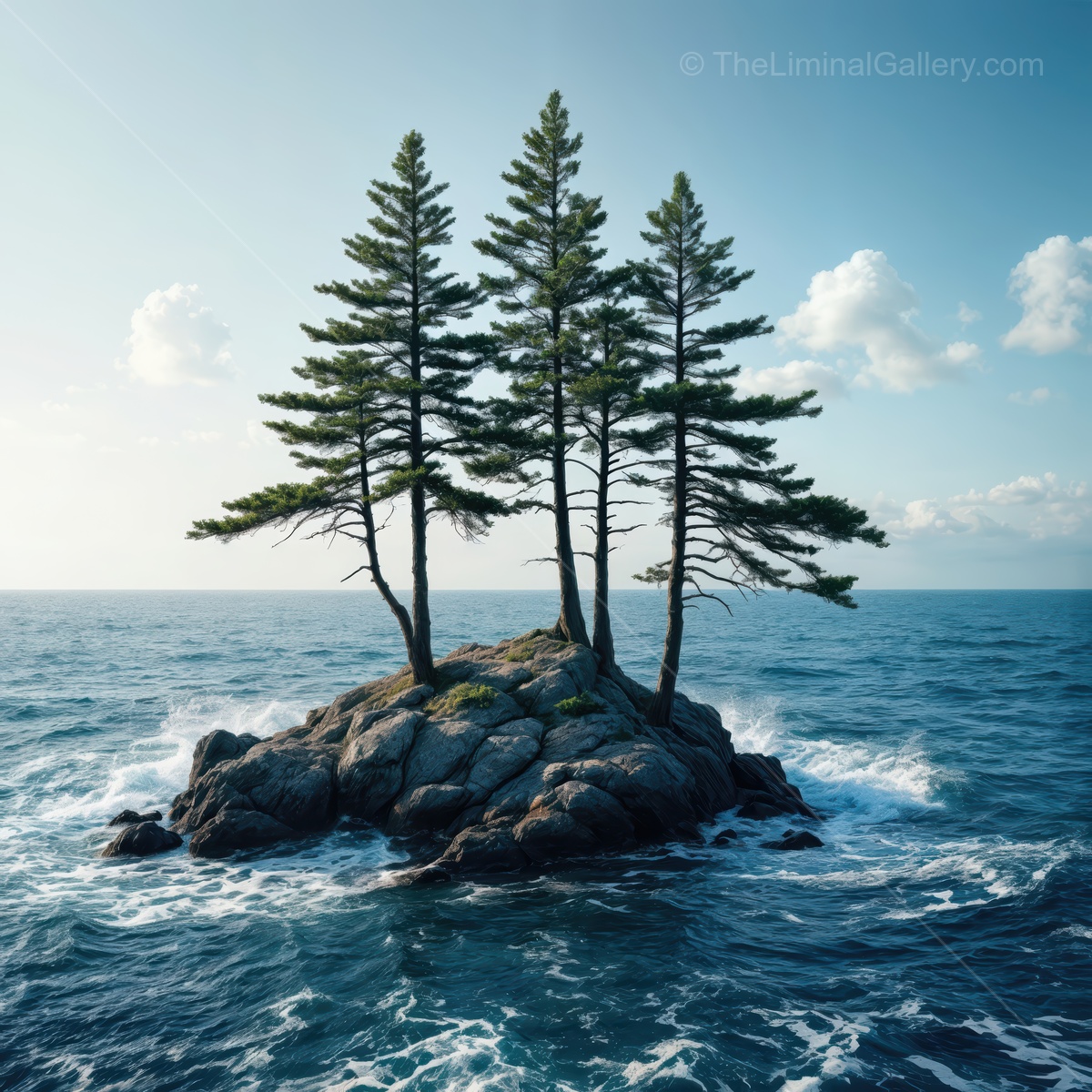 Isolated serenity of trees atop a rocky isle amidst vast ocean waves under a bright sky