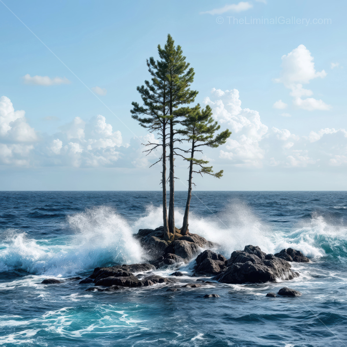 Mysterious island with lone trees surrounded by crashing waves under a bright sky at twilight
