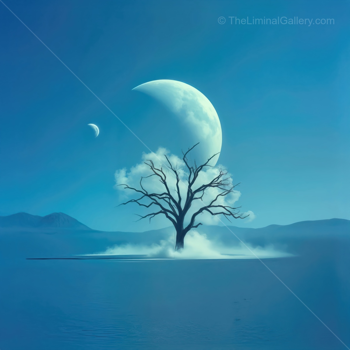 Mystical tree stands alone in a tranquil lake under the glowing moon