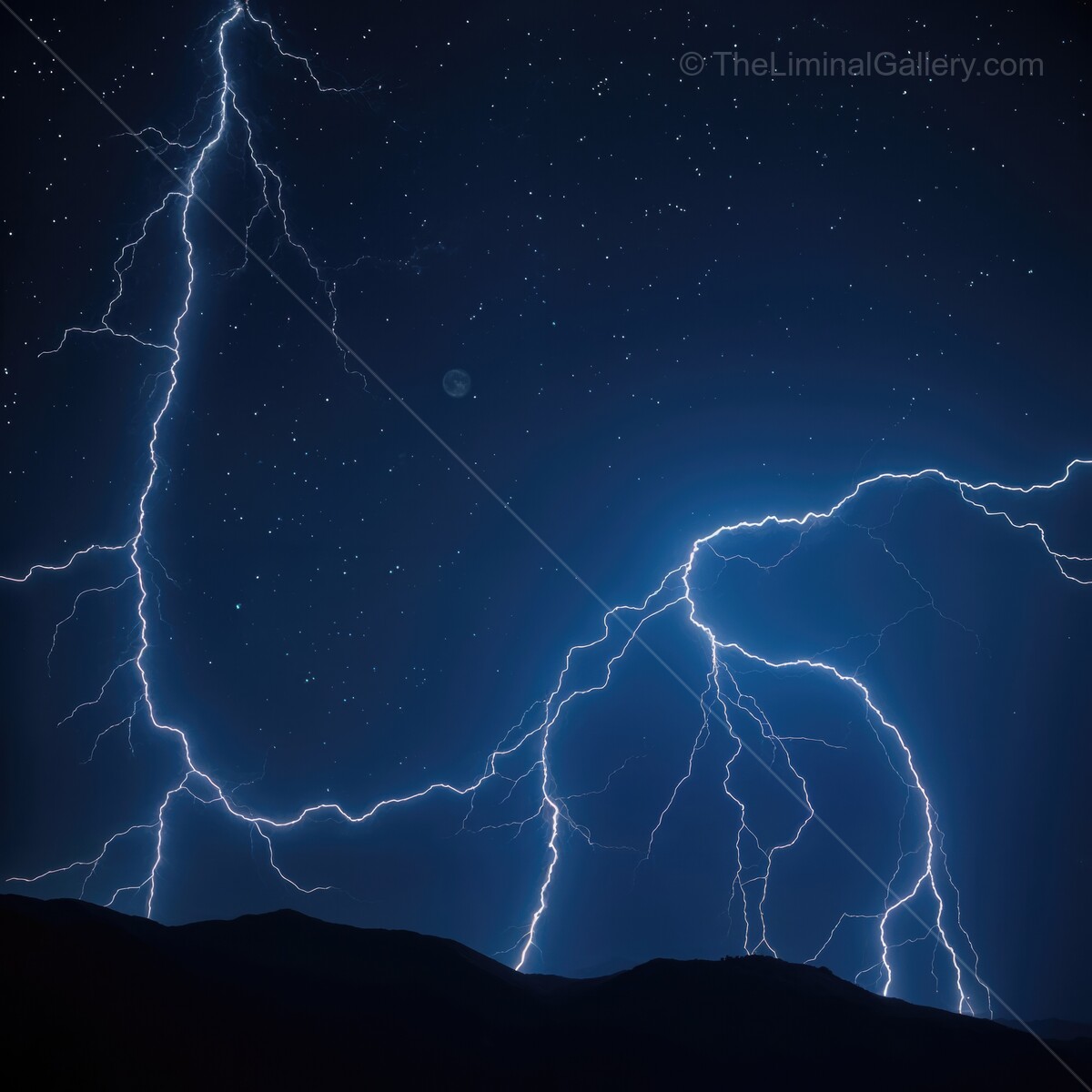 Stunning lightning strikes illuminate the night sky over distant mountains during a summer storm