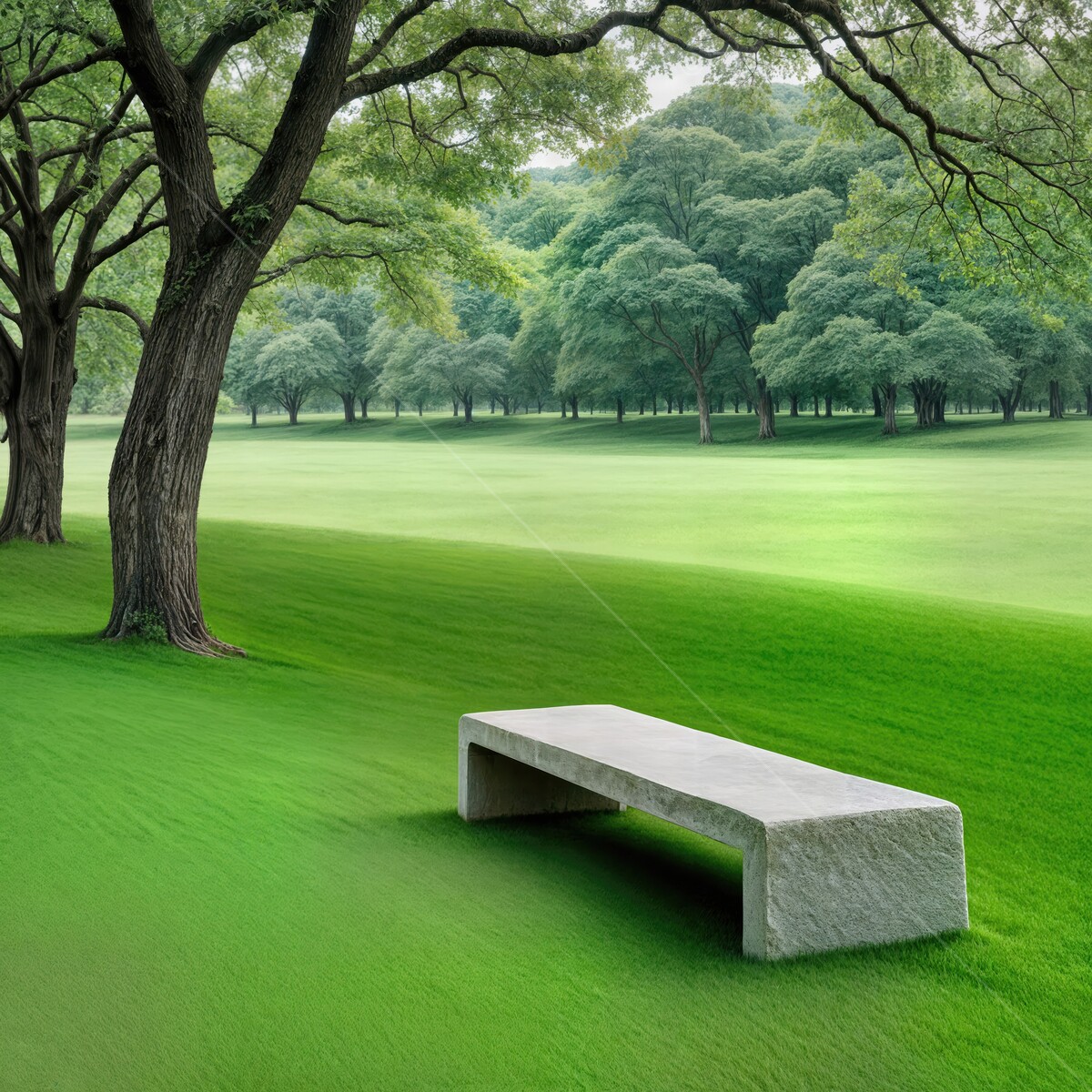 Liminal serenity found in a lush green park with a solitary bench under sprawling trees