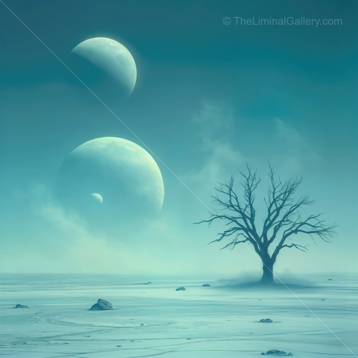 Lonely tree stands on a surreal landscape beneath two large moons