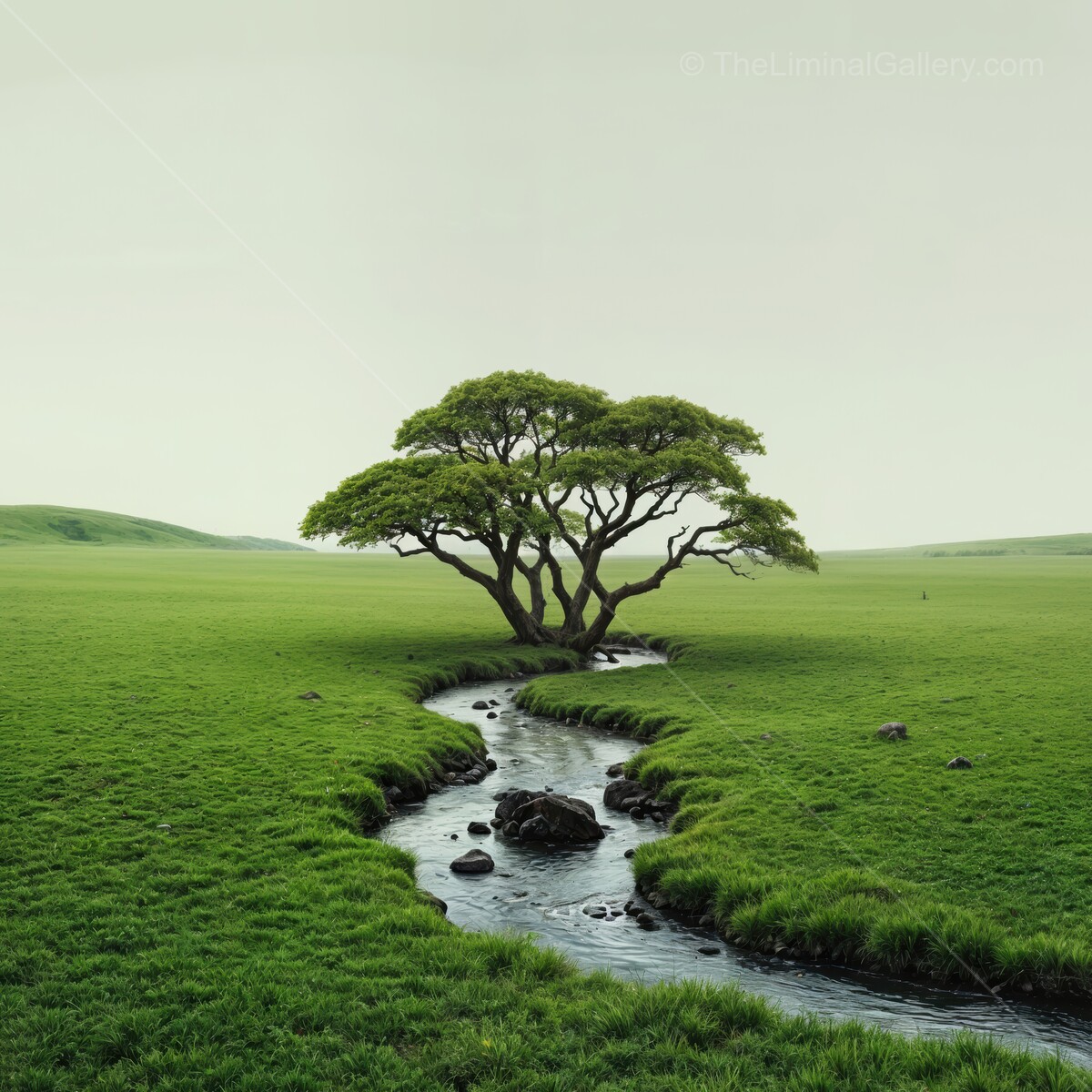 Lush green landscape with a solitary tree and winding stream under a calm sky