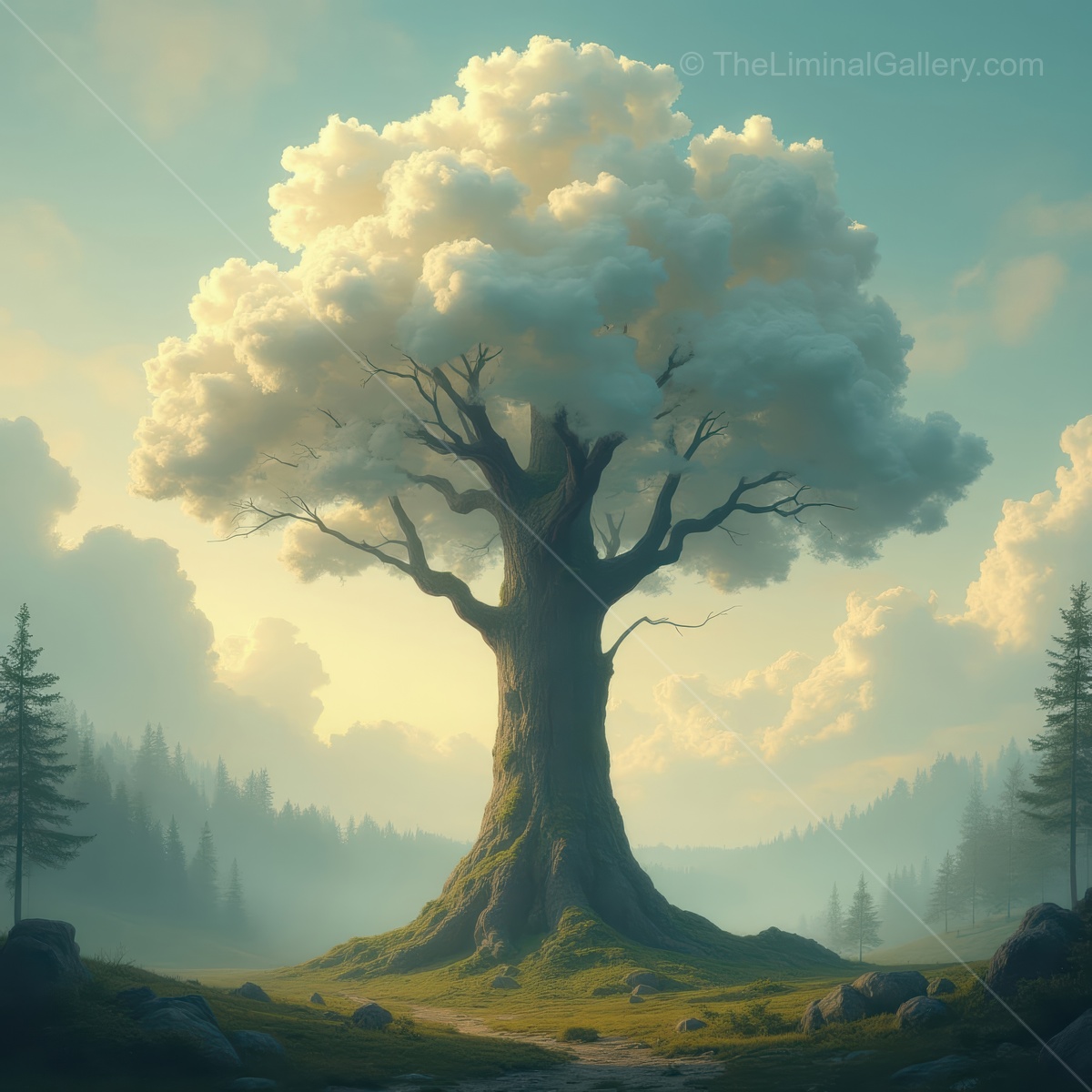 Majestic tree stands proudly amidst a liminal landscape at dawn, enveloped by misty mountains and soft light