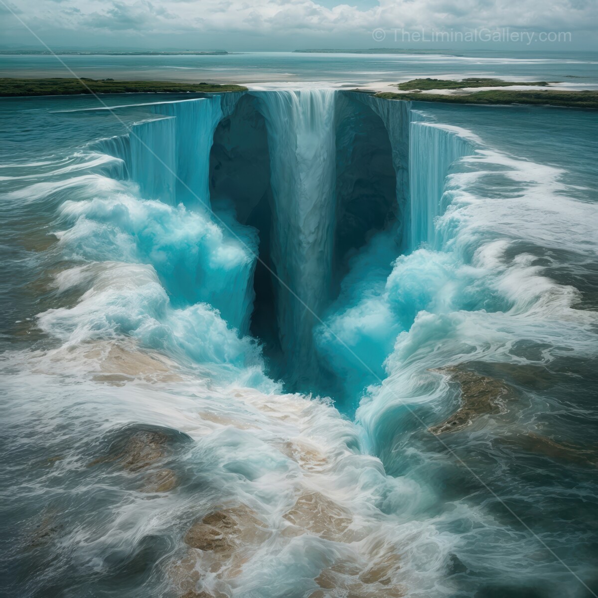 Majestic waterfall plunges into a surreal abyss surrounded by tranquil waters