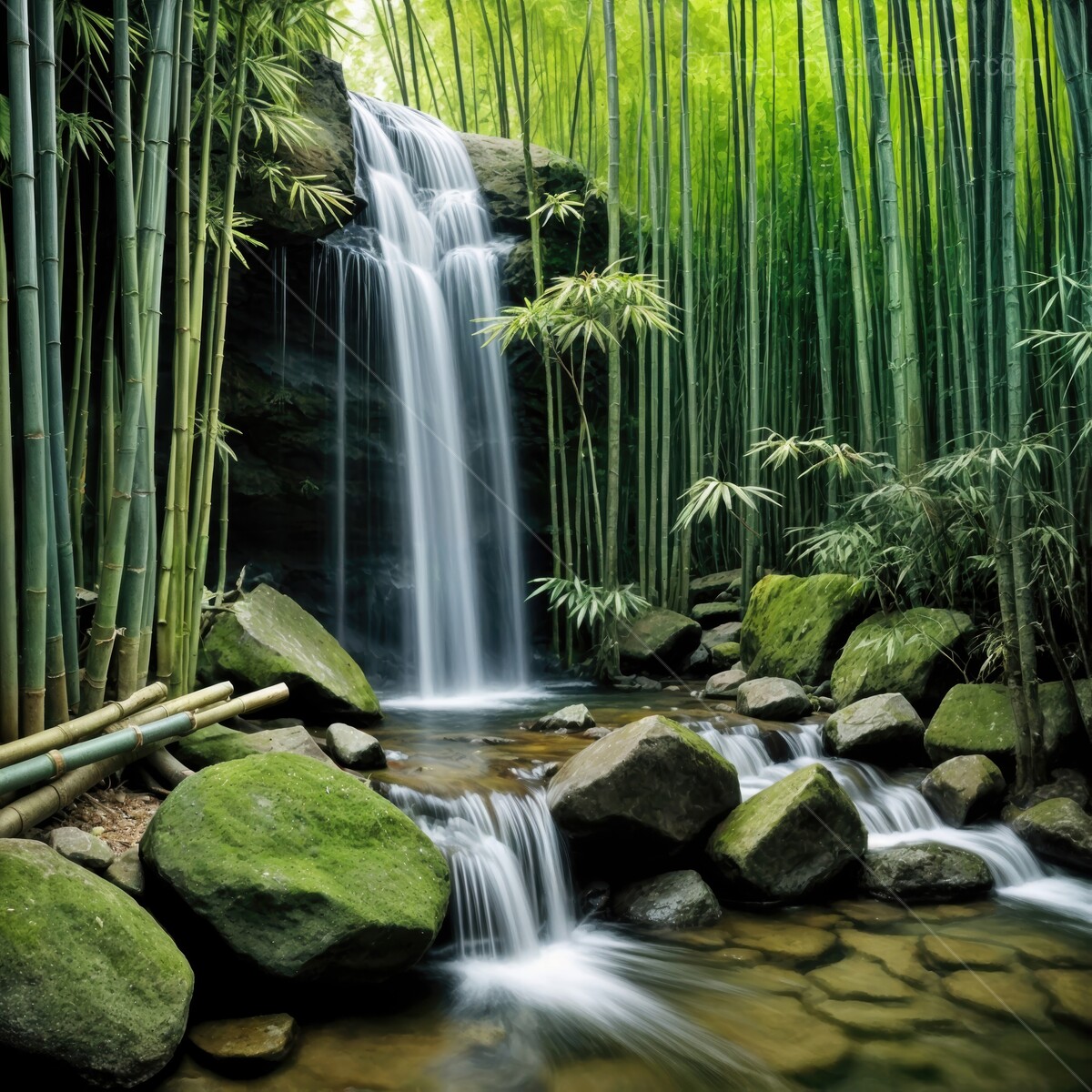 Majestic waterfall cascading through lush bamboo grove at dawn, creating a tranquil oasis