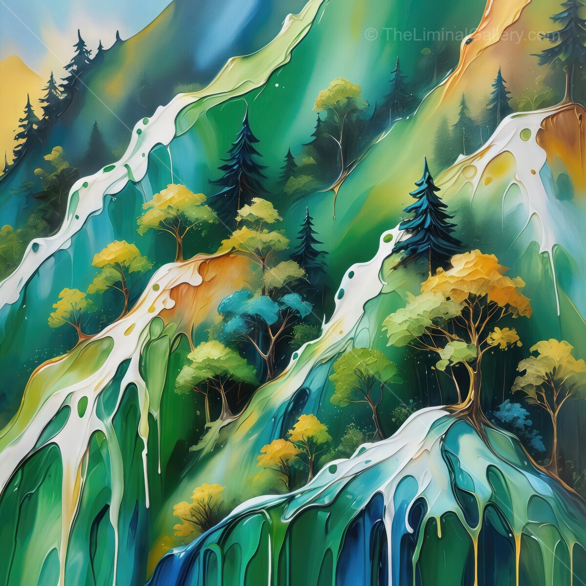 Vibrant mountains come alive with cascading colors and lush greenery in a dreamy landscape