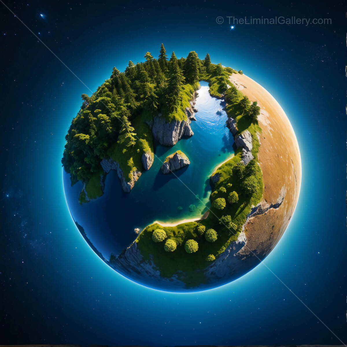 Vibrant miniature earth with lush greenery and serene waters under a starry night sky