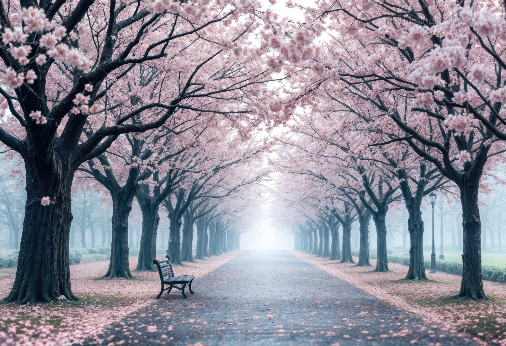 Blossoms in a tranquil park create a surreal atmosphere as a lonely bench invites reflection under the soft pink canopy during early morning mist