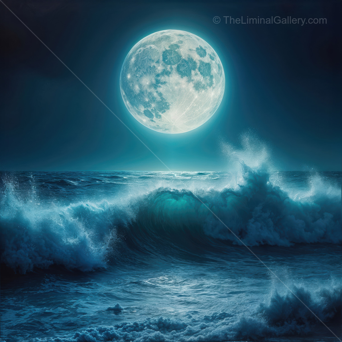 Mesmerizing moonlight glows over ocean waves during a tranquil night scene