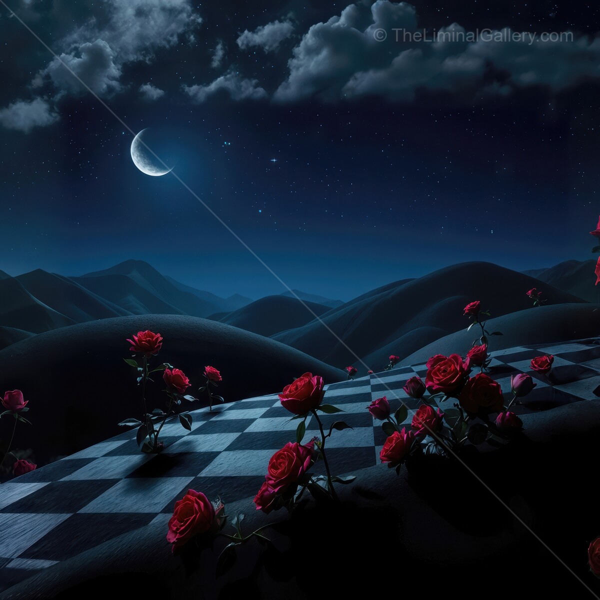 Moonlit liminal chessboard adorned with roses under a starry night sky