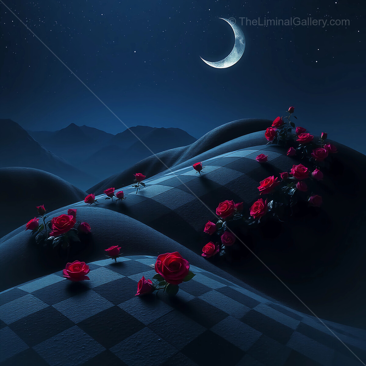 Mesmerizing moonlit liminal hills adorned with vibrant red roses in a dreamlike landscape