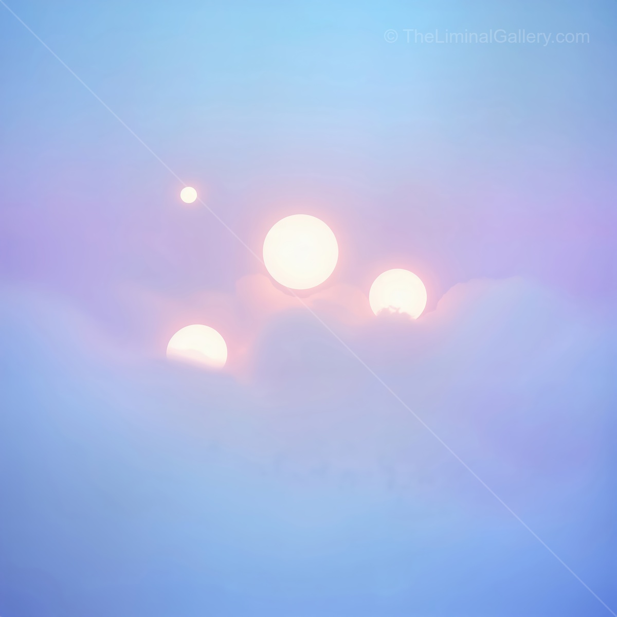 Ethereal glow of multiple suns rising through a soft, dreamy fog in a magical landscape
