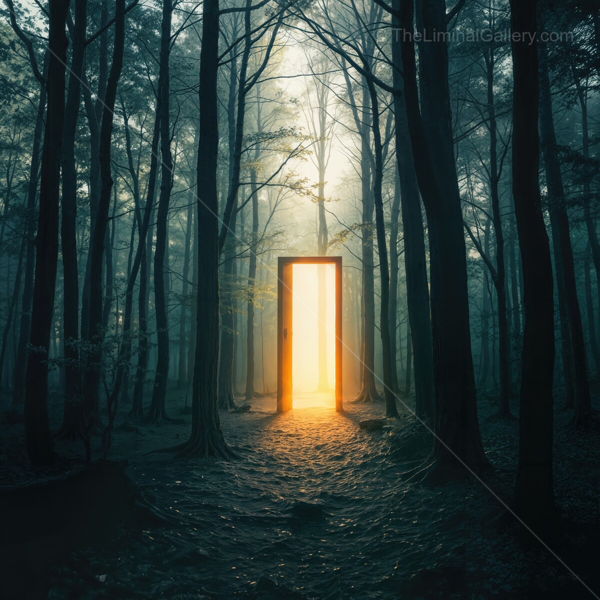 Mysterious liminal door glows softly amidst the tranquil forest at dawn, inviting exploration and wonder