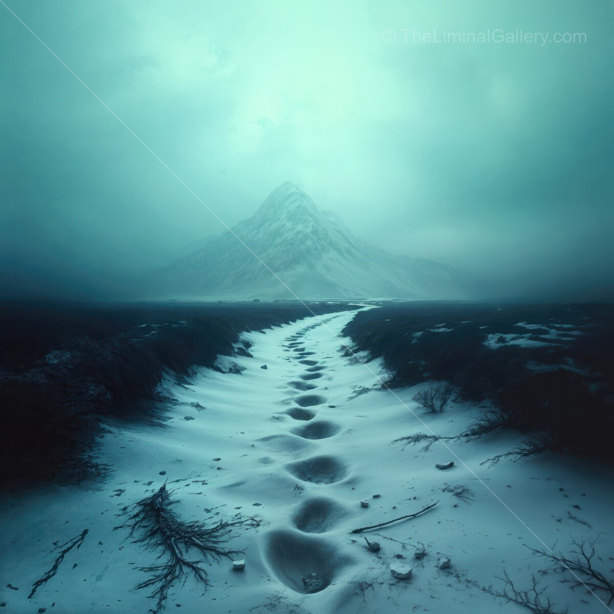 Mysterious footprints lead through a liminal foggy winter landscape towards distant mountains at twilight