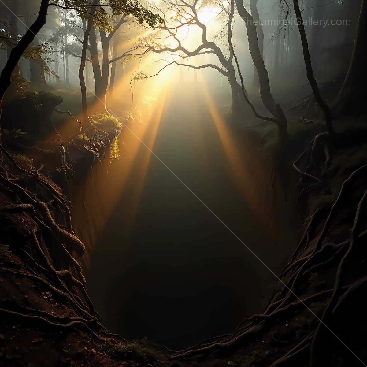 Mysterious forest chasm illuminated by golden sunlight in a tranquil morning setting