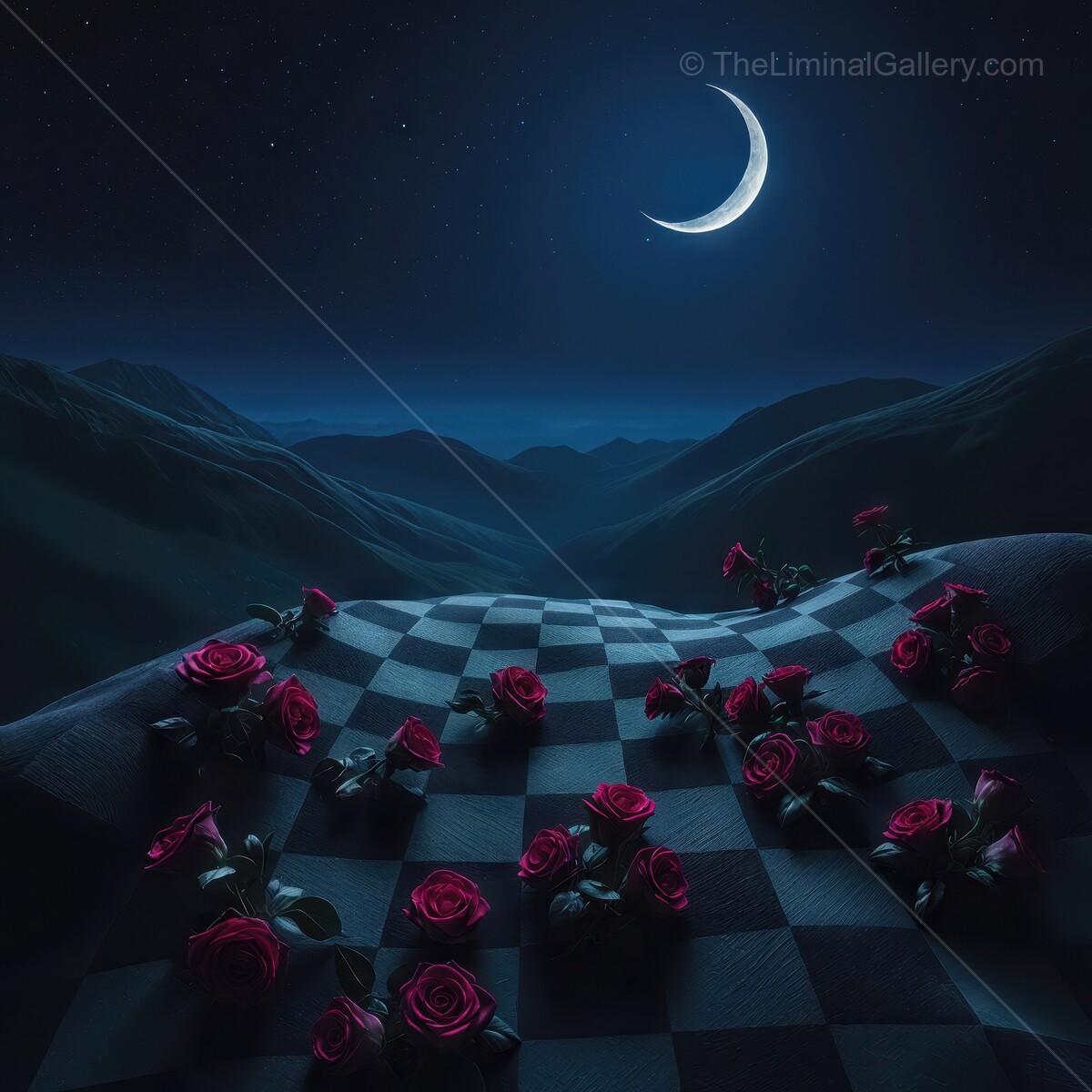 Mysterious liminal landscape under the crescent moon adorned with red roses on a chessboard path