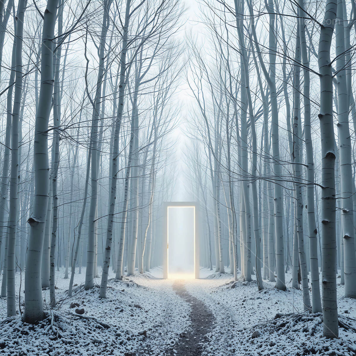 Mysterious liminal portal glowing in a foggy winter forest with snow-covered trees