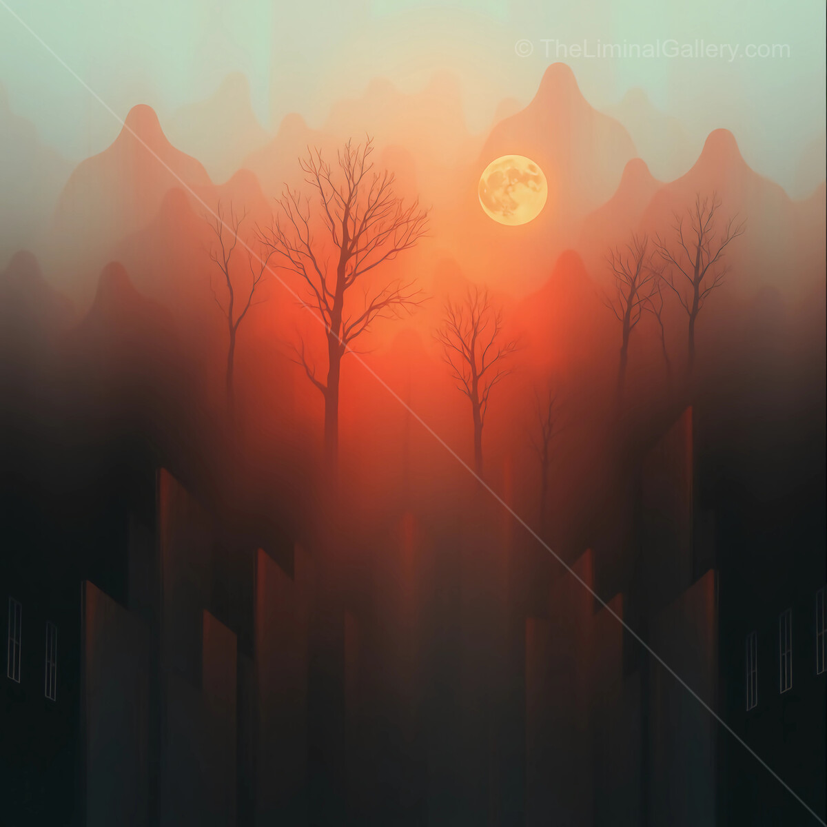 Mysterious silhouettes and a glowing moon illuminate an ethereal landscape at dusk