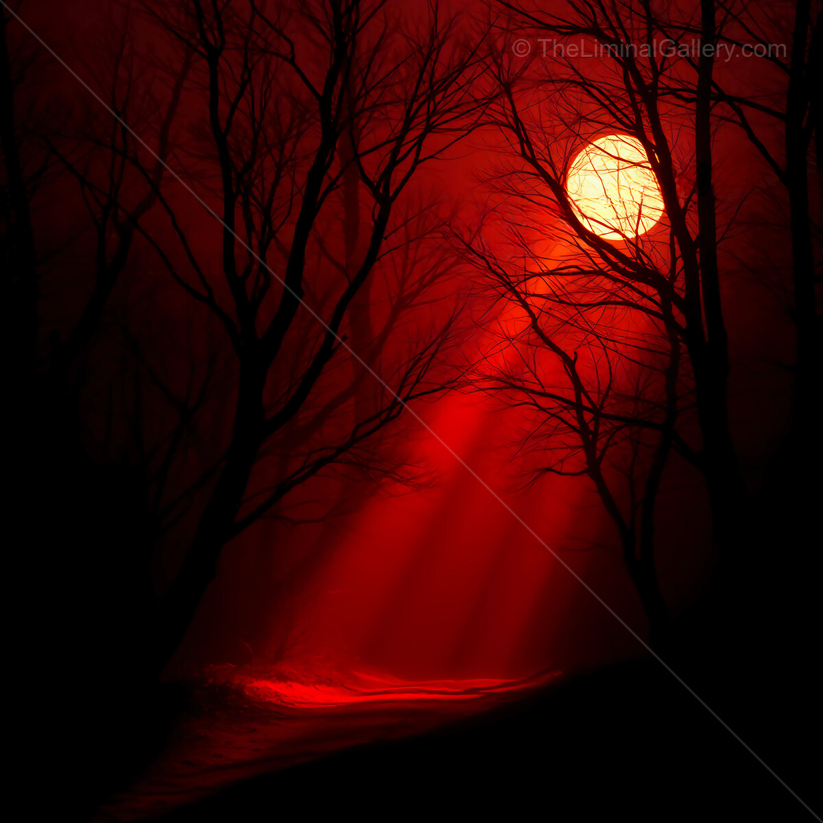 Mysterious liminal sunset envelops forest in deep red hues and shadows of twilight