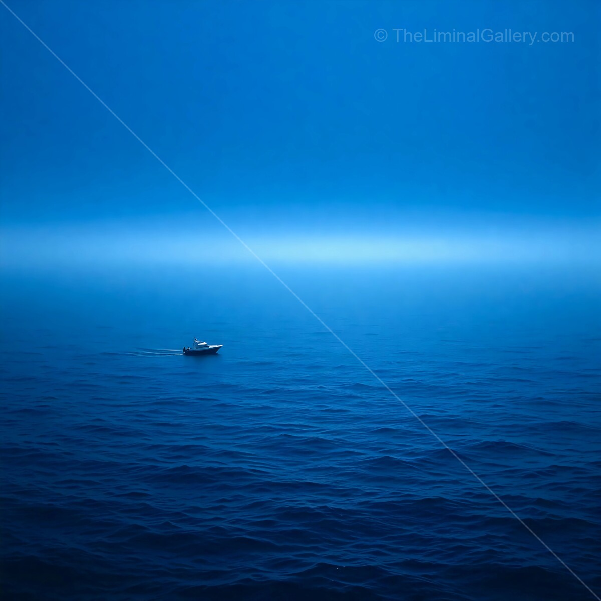 Mysterious liminal voyage across the endless blue ocean at dawn, revealing tranquility and isolation in nature