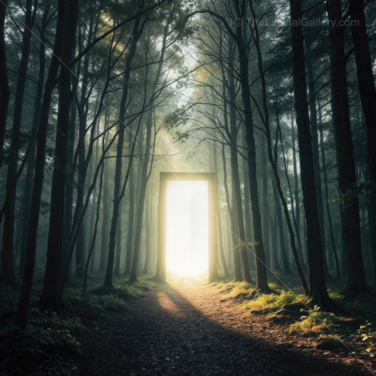 Mystical doorway glowing in the heart of an enchanted forest at dawn