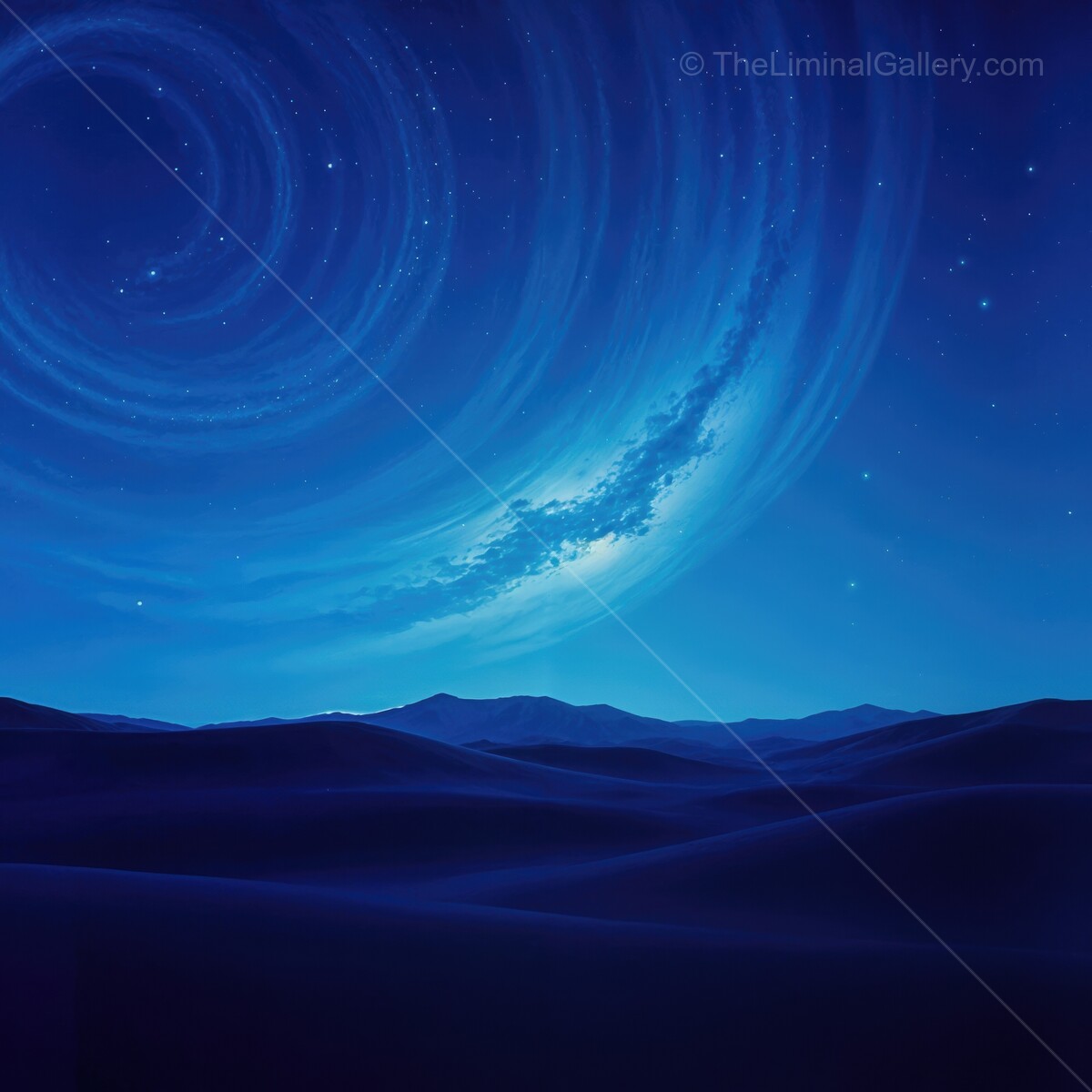 Mystical night under swirling galaxies illuminating a tranquil desert landscape