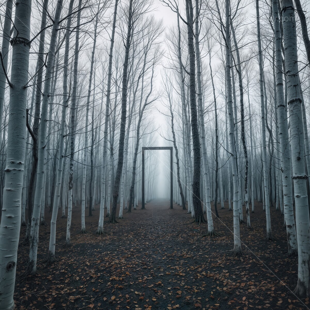 Mystical pathway emerges through foggy forest revealing a surreal wooden frame