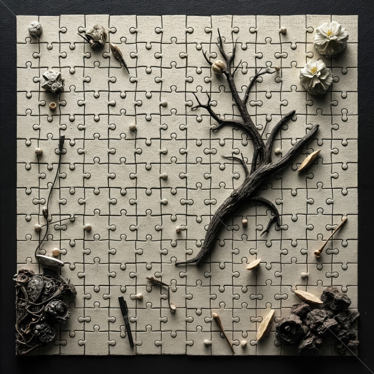 Intricate puzzle art featuring nature's elements with a twisted tree and fallen leaves in soft tones