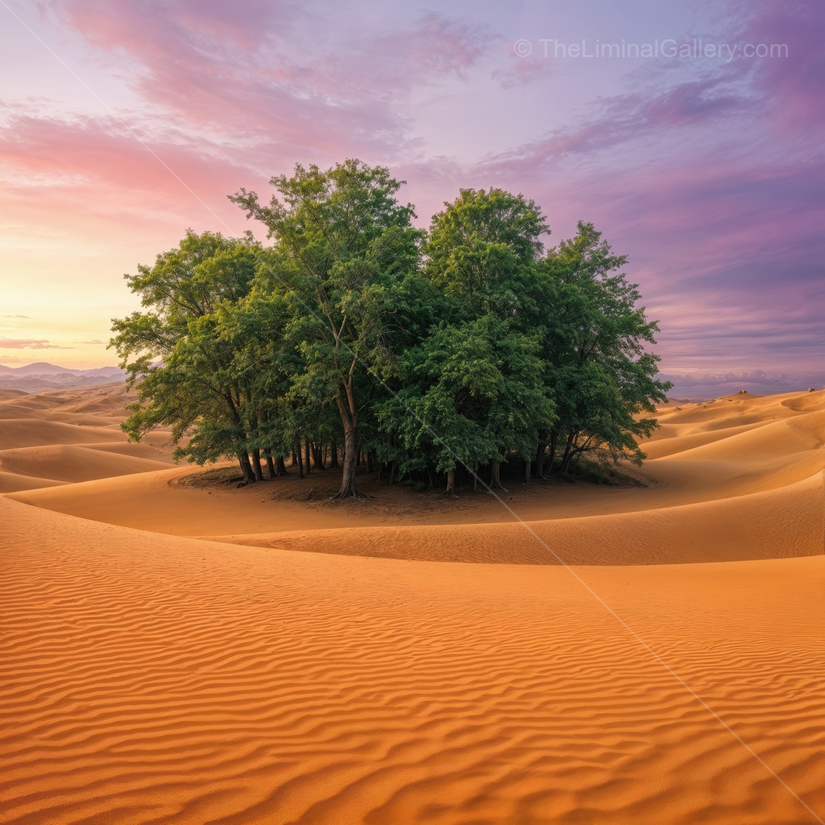 Liminal oasis amidst swirling sands at dusk creates an enchanting and surreal atmosphere