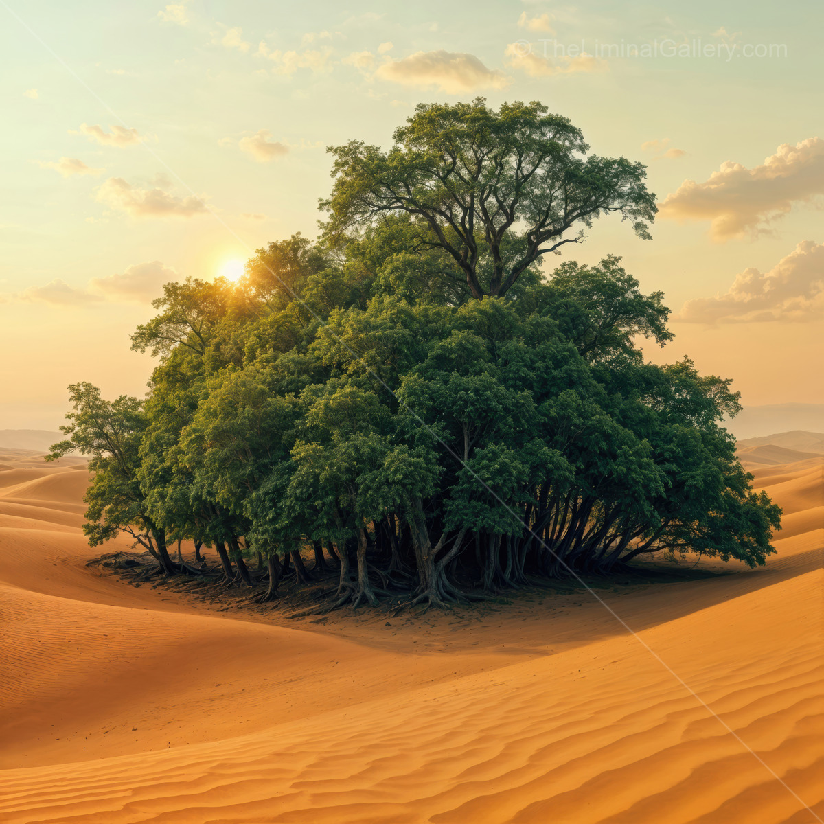 Sunrise casts golden light over a lush oasis surrounded by endless desert sands