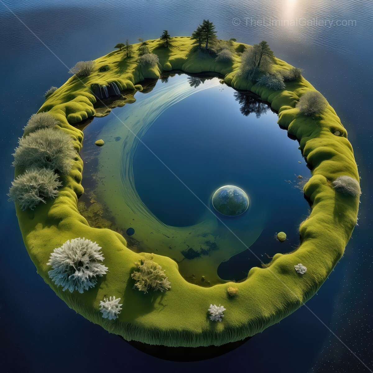 Mysterious circular oasis with vibrant greenery and reflective waters at sunrise