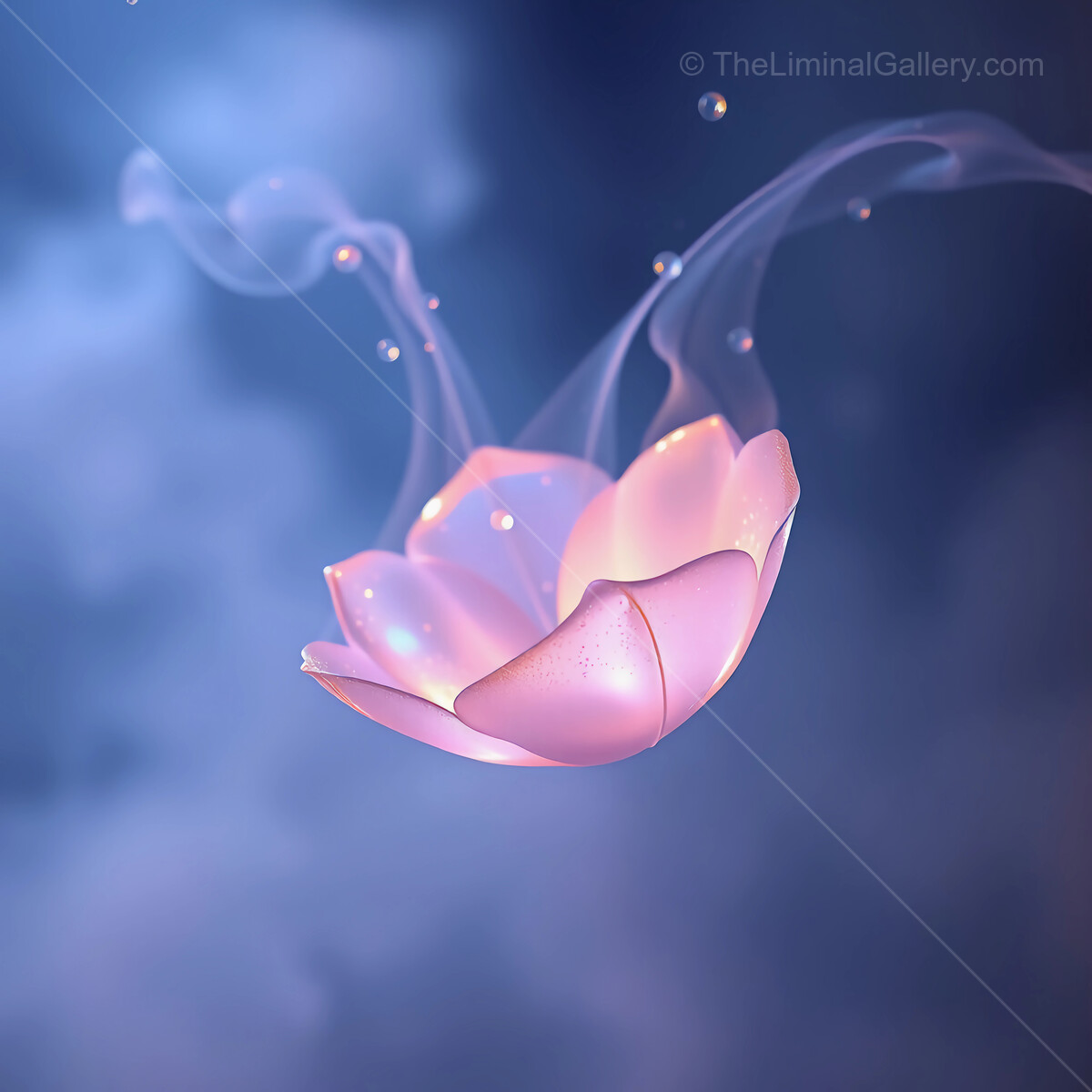 Ethereal pink lotus flower floats gracefully through a mystical atmosphere filled with soft mist and sparkling droplets