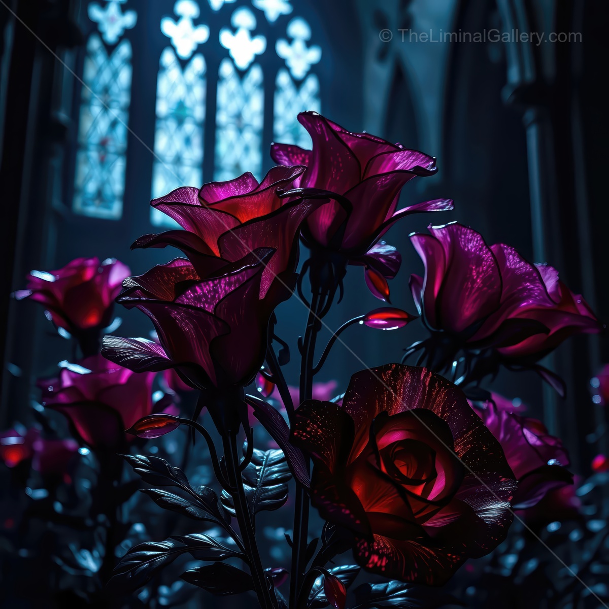 Liminal beauty in a dark garden of vibrant roses under stained glass light