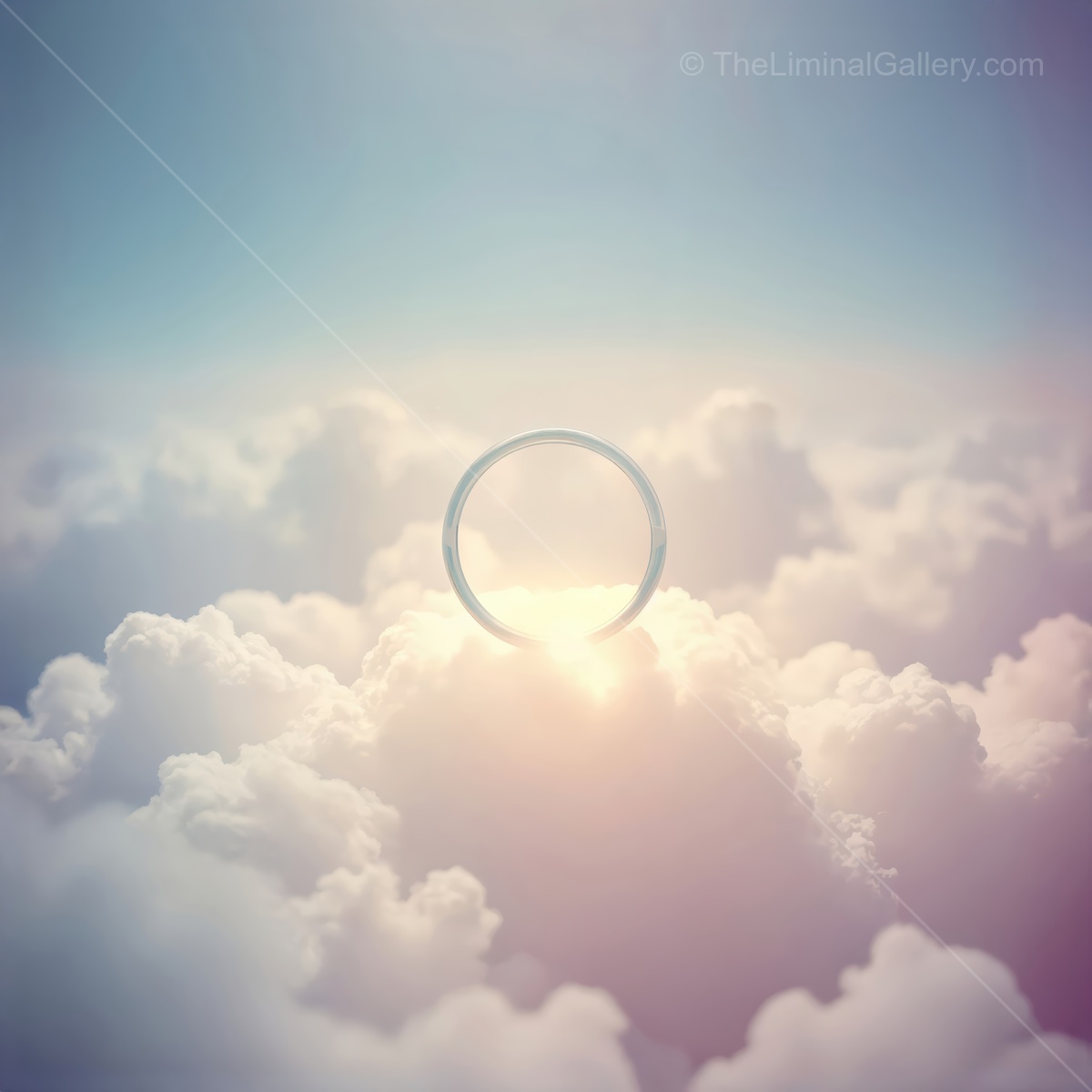 Ethereal ring of light emerges from soft clouds at dawn, creating a serene moment in nature's liminal space