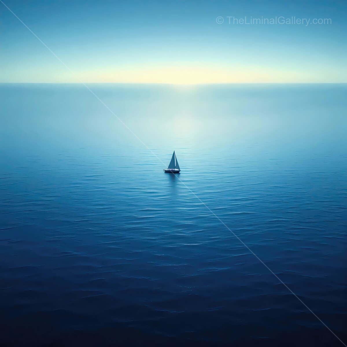 Sailboat gliding through serene liminal waters at dawn under peaceful skies