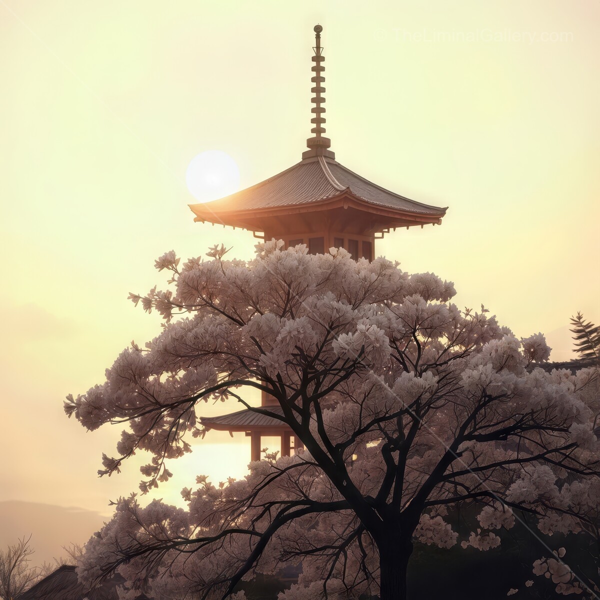 Sakura blossoms frame a serene pagoda against a breathtaking sunset view in Japan