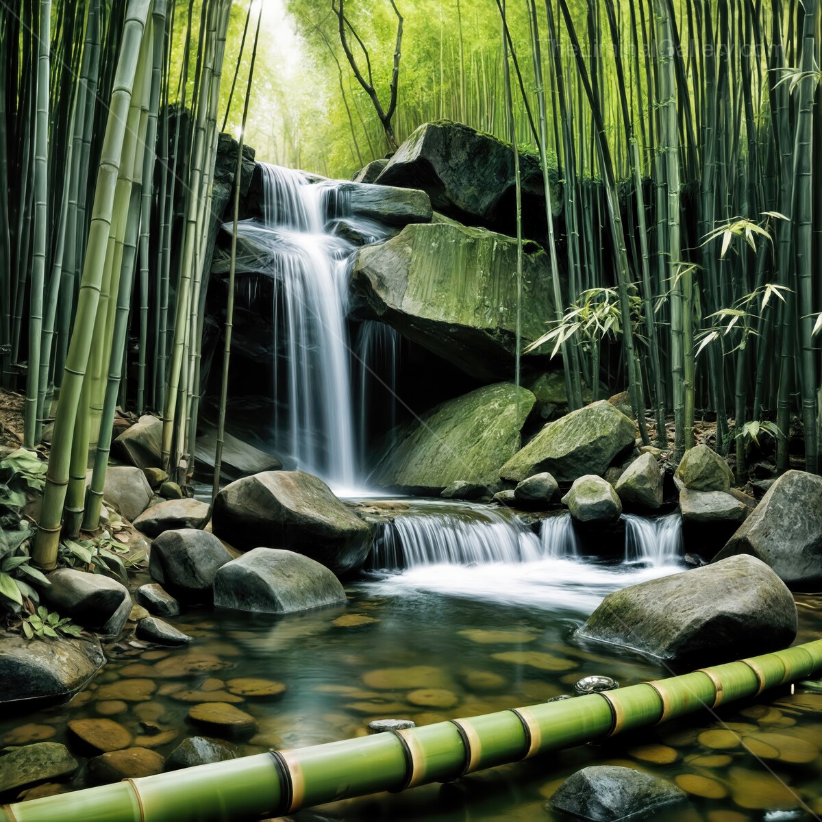 Serene bamboo forest with a cascading waterfall and smooth stones in tranquil harmony