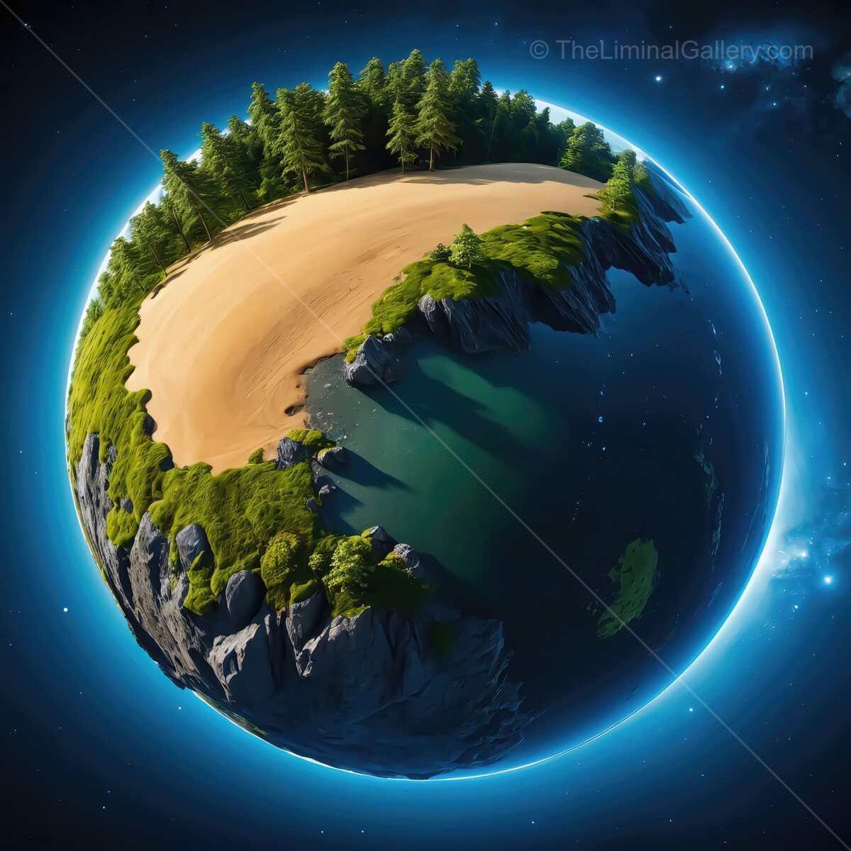 Conceptual representation of a serene planet combining beach, forest, and ocean in a captivating cosmic setting