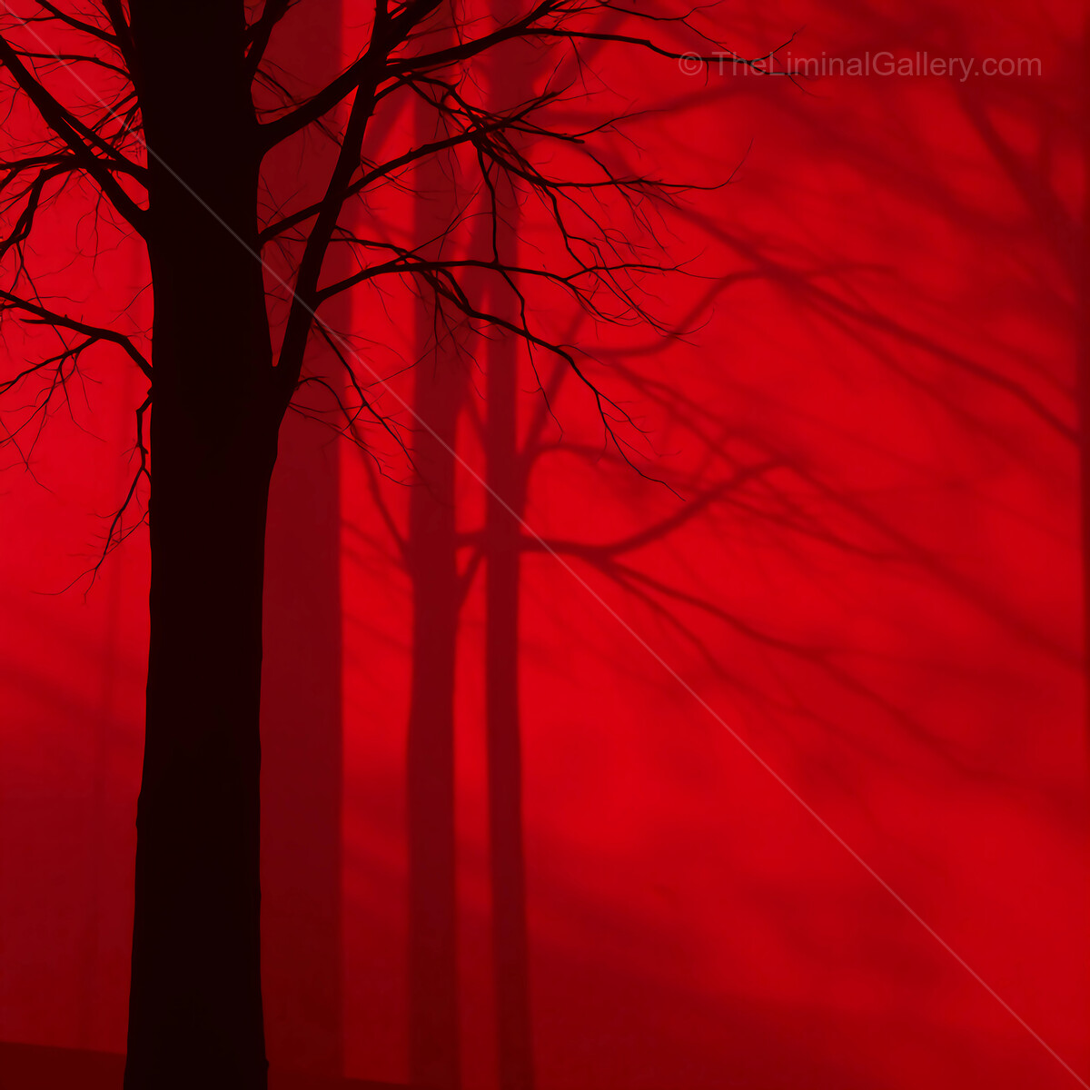 Shadows dance eerily against a crimson backdrop under the haunting glow of dusk in a secluded forest