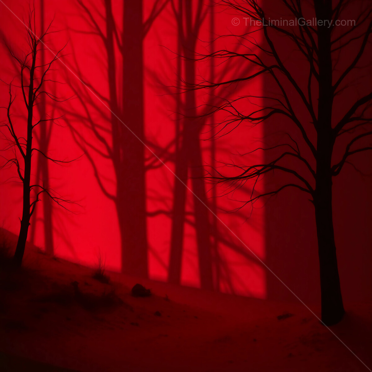 Shadows of dark trees painted on crimson canvas under a haunting twilight glow