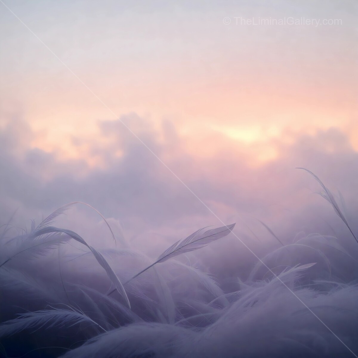 Soft whispers of dawn embrace gentle liminal feathers under a pastel sky