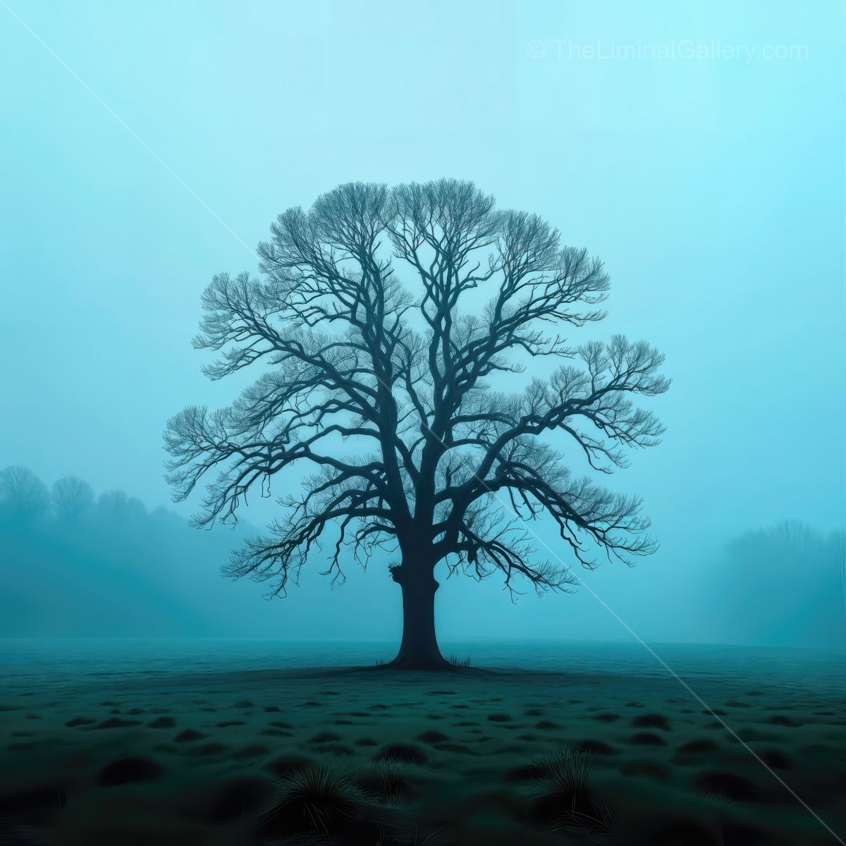 Mysterious tree stands alone in misty landscape, evoking a sense of isolation and tranquility